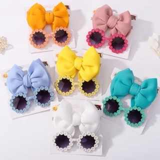 2Pcs/Set Small Daisy Flower Óculos De Sol Cor Sólida Baby Headband Bohemia Beach Kids Bows Headwear Acessórios De Cabelo