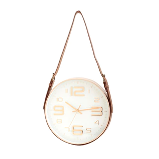 Relógio de Parede Redondo com Alça em Couro - 31cm x 35cm Rose