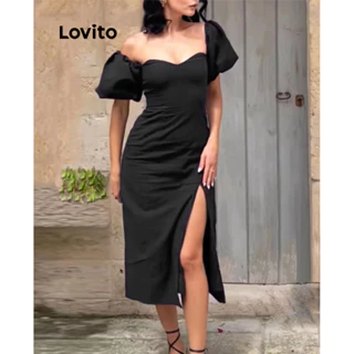 Lovito Vestido feminino elegante com estrutura redonda lisa e mangas bufantes LBL16051