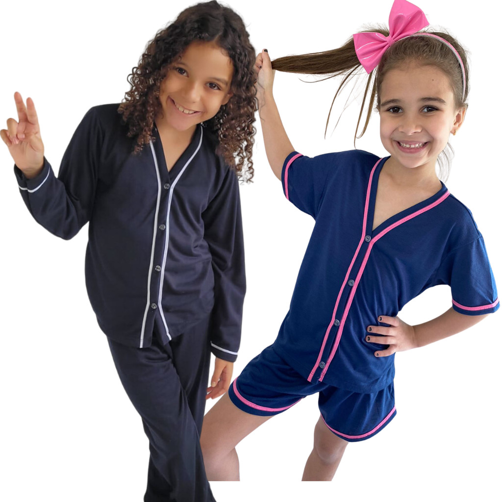Kit 2 Pijama Infantil Aberto Com Botões Manga Longa e Curta em Oferta na Shopee