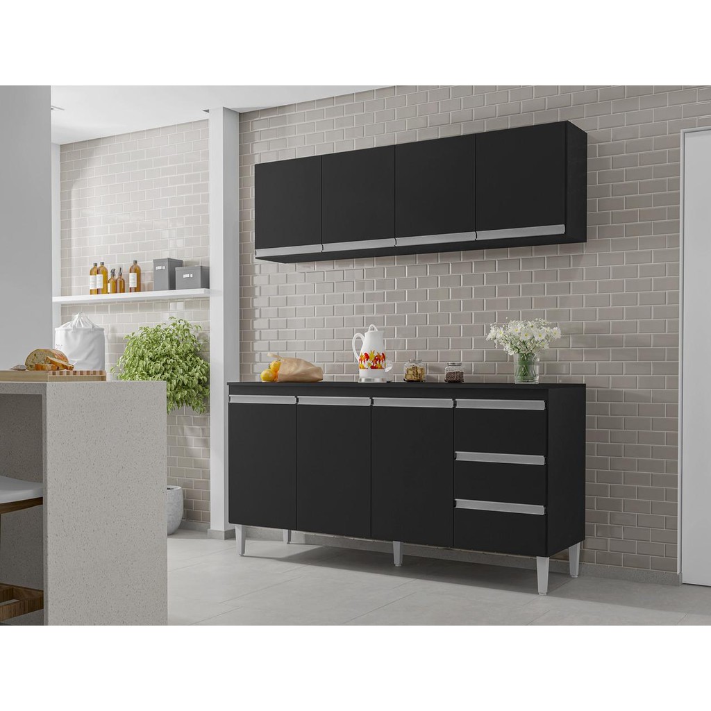 Armário Aéreo Preto Suspenso P/ Cozinha Andreia 150cm c/ 4 Portas - Ajl