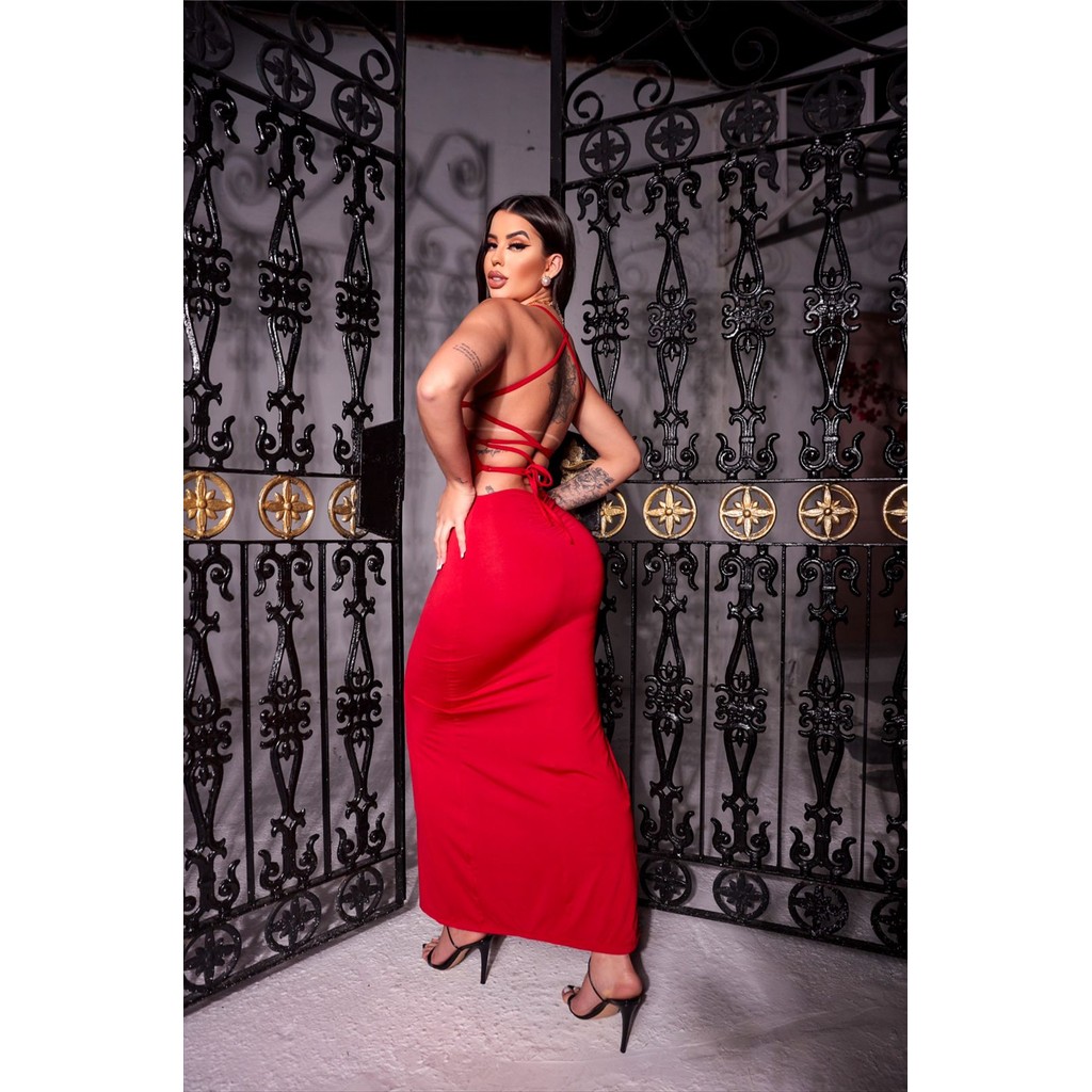 vestido feminino longo com amarração trançadas nas costas vestido