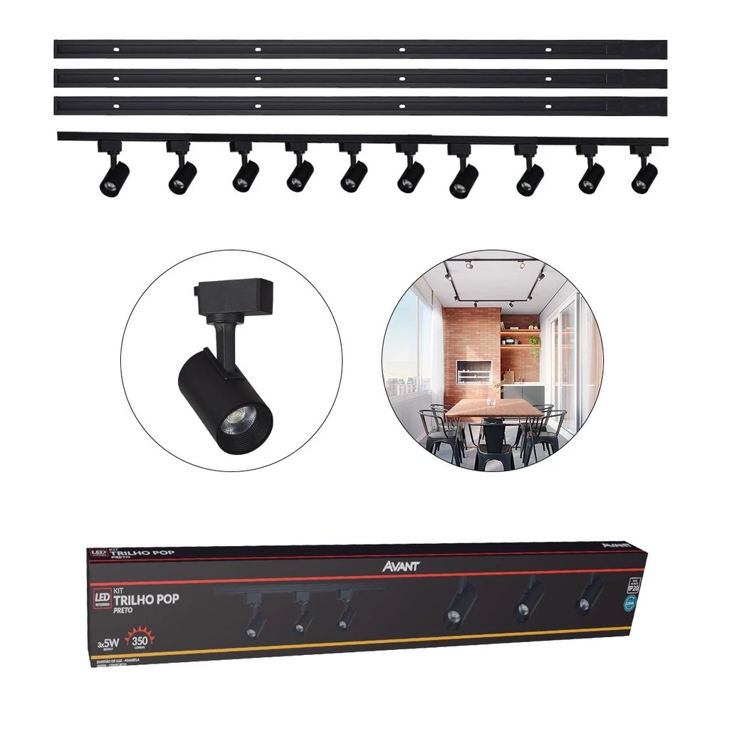 Kit trilho Eletrificado 10 Spot Led + 3 Metros Trilho Pop 50w 3000k Branco Quente 110v/220v Preto Cod: 251931405-3