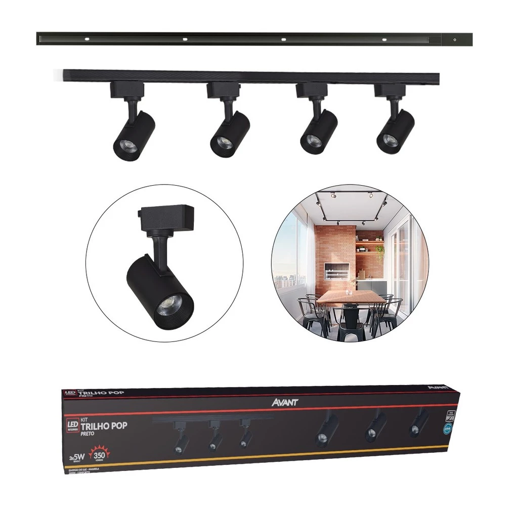 Kit trilho Eletrificado 4 Spot Led + 1 Metro deTrilho Pop 20w 3000k Branco Quente 110v/220v Preto Cod: 251931405-1