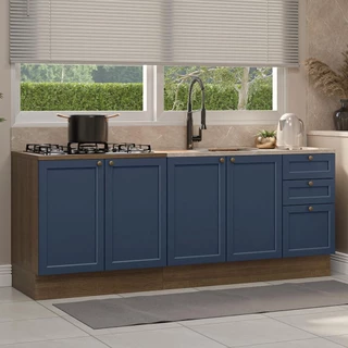 Kit com 2 Balcões de Cozinha 3 Gavetas 4 Portas (Sem Tampo e Pia) Rustic/Azul Vik Madesa 01 em Oferta na Shopee