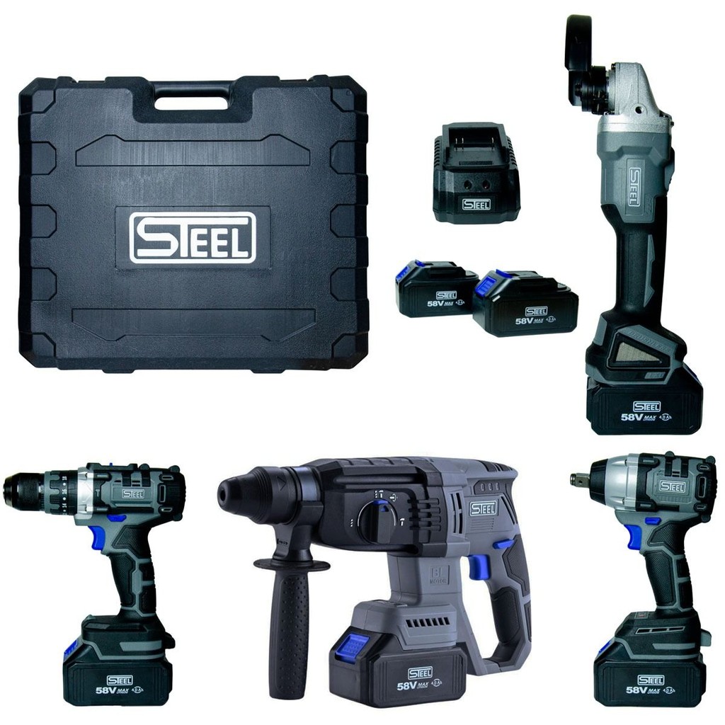 Kit 4em1 Completo Martelete+Lixadeira+Furadeira+Chave Impacto 58V
