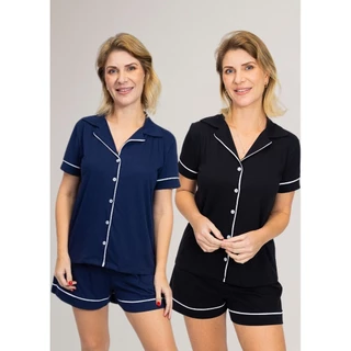 KIT 1 Pijama Americano Curto Preto + 1 Pijama Americano Curto Marinho em Oferta na Shopee