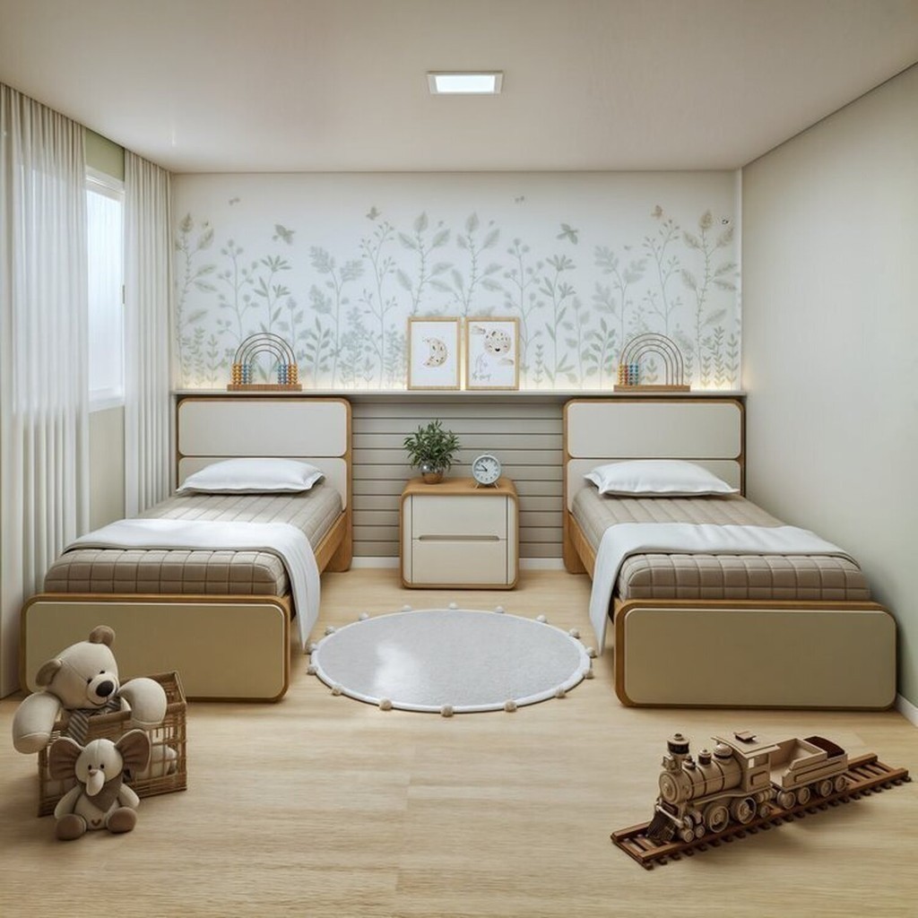 Quarto Infantil com 2 Camas Solteiro Loop Tecido Corano e Mesa de ...