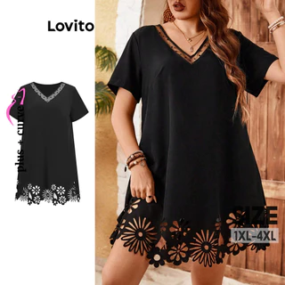 Lovito Vestido plus size elegante de malha lisa e contrastante para mulheres LBL15160