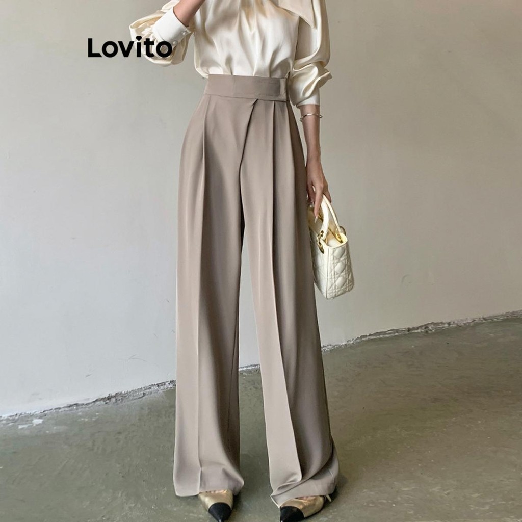 Lovito Calça casual lisa assimétrica para mulheres LNL75225