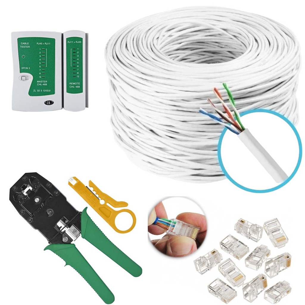 Kit Cabo De Rede 50m Branco Alicate Rj45rj11 Testador 20rj45