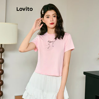 Lovito Camiseta linda com laço liso para mulheres L98AD023
