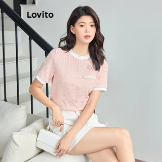 Lovito Camiseta feminina casual com botão de contraste liso L98AD035