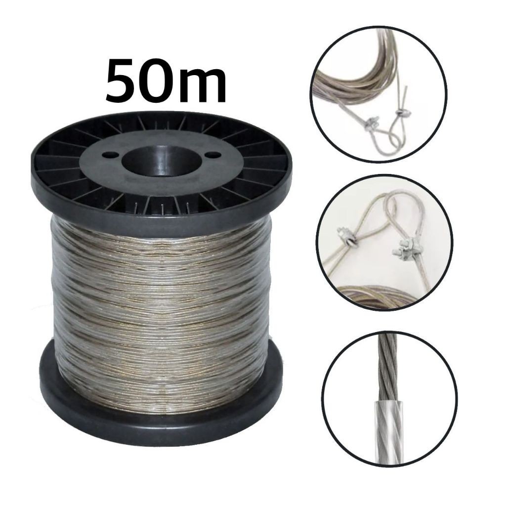 BOBINA COM 50 METROS + 2 CLIPS VARAL CABO DE AÇO REFORÇADO REVESTIDO'