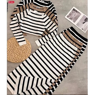 Conjunto Saia Longa Midi e Cropped Malha Canelada Listrado Manga Longa Comprida