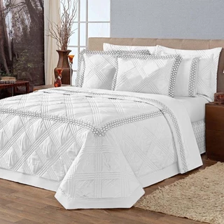 Kit Cobre Leito Colcha France Queen 5 Peças Micropercal 200 Fios Matelado Babadinho Branco