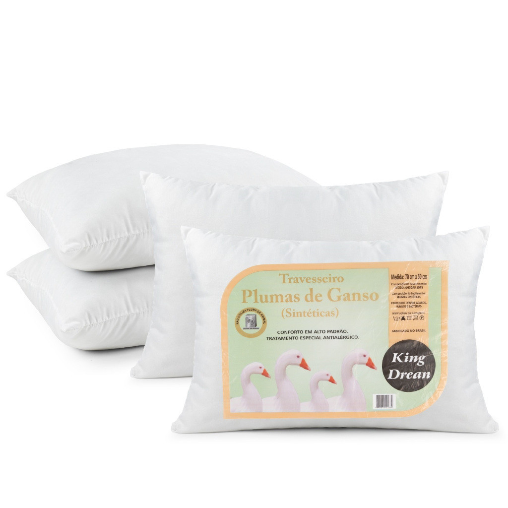 Kit 4 Travesseiro Pluma de Ganso macio 0,70cm x 0,50cm Sintetico para cama