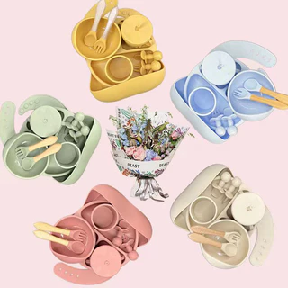 Talheres bebê silicone 8 Peças kit Talheres Infantil Com Ventosa Canudo Colher Babador Garfo NOVO 2025