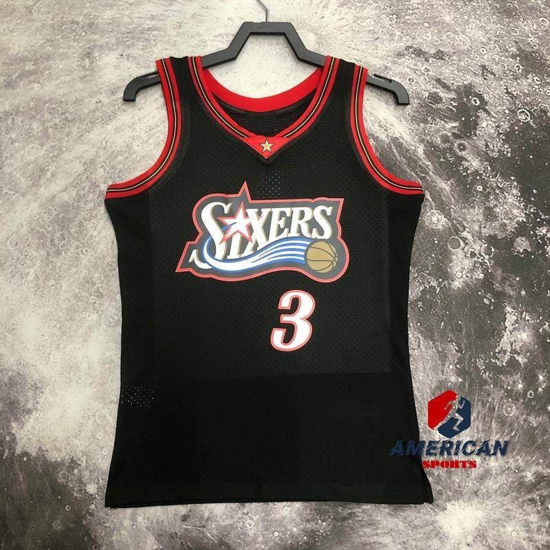 Camisa Masculina De Basquete Phaladelphia 76ers Allen Iverson Preta Bordada