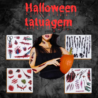 Kit 44 Tatuagem Maquiagem Temporária Halloween Terror 4 Cartelas Ferida Fantasia Auto Colante