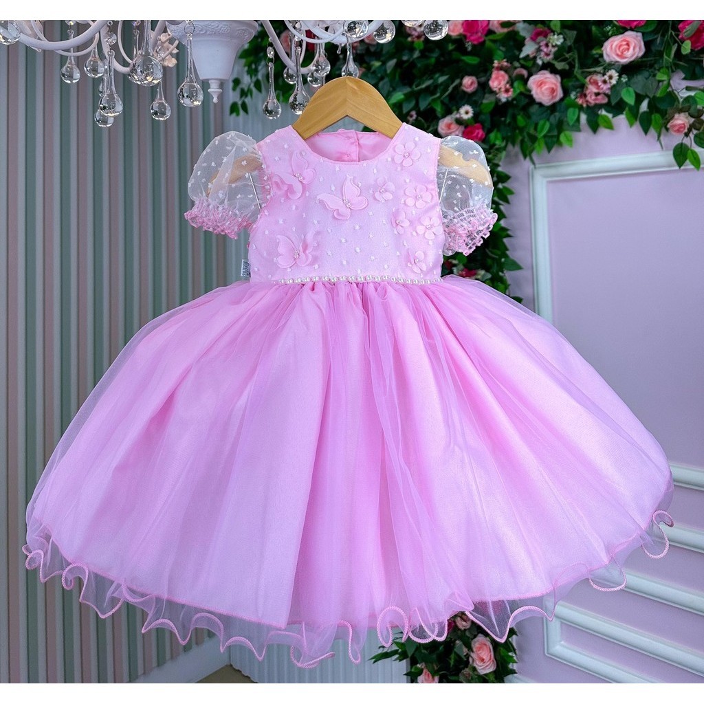 Vestido Menina Infantil Rosa Marie Rosa Bebe Detalhes Em Tule Festa Aniversário