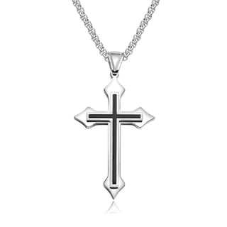 Colar Corrente Cordão Prata Aço Inox 60cm Pingente Cruz Detalhada Preto Prata