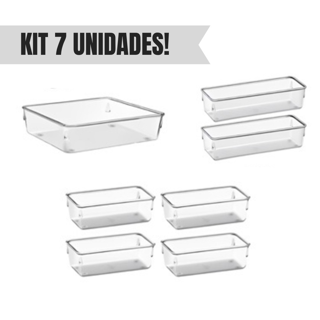 Kit com 7 Organizadores Acrílico Cristal Modular Para Geladeiras Gavetas e Maquiagens