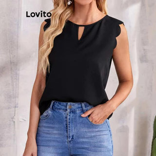 Lovito Regata feminina elegante com corte simples e bordado com ilhós e babados no pescoço LBL14187