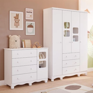 Quarto de Bebê Completo com Guarda Roupa Uli 4 Portas Cômoda Uli 4 Gavetas 100% MDF Móveis Peroba