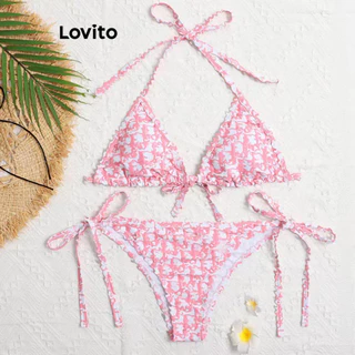 Lovito Conjuntos de biquíni sexy com renda e costas nuas para mulheres LNL77006