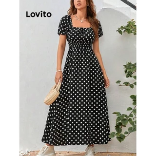 Lovito Vestido elegante com estampa de bolinhas e rendas para mulheres LNL73258
