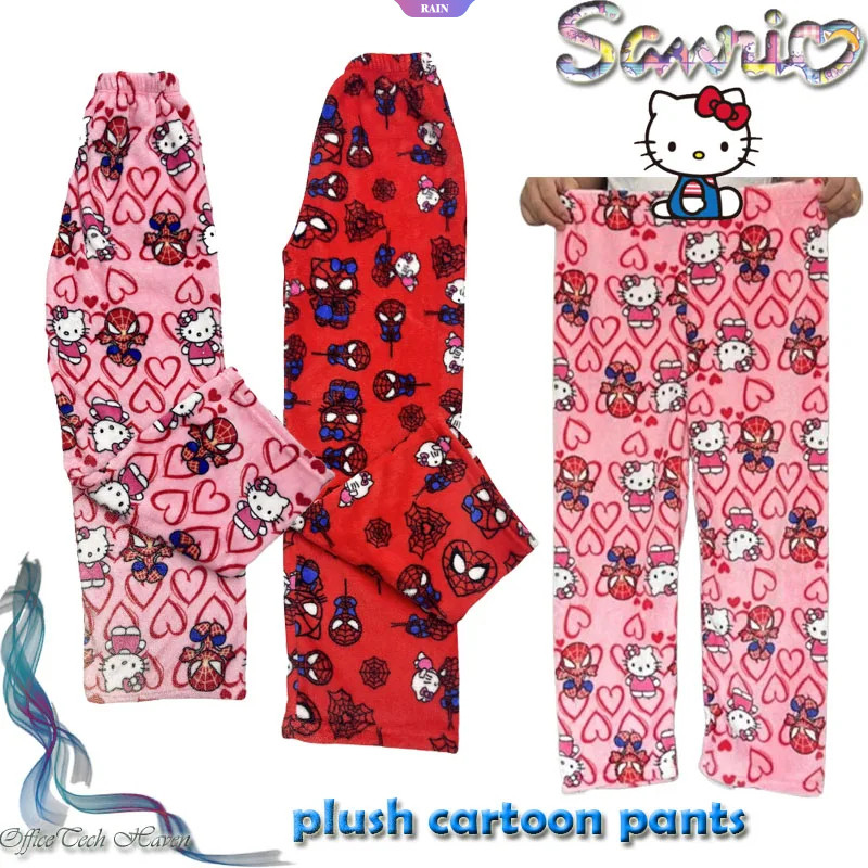 2024 Nova Hello Kitty Calça Adormecida Homem Aranha Flanela Casual ...