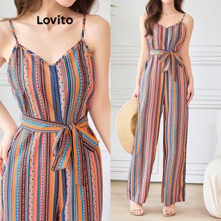 Lovito Macacão Boho listrado lateral com cinto para mulheres L96MD124