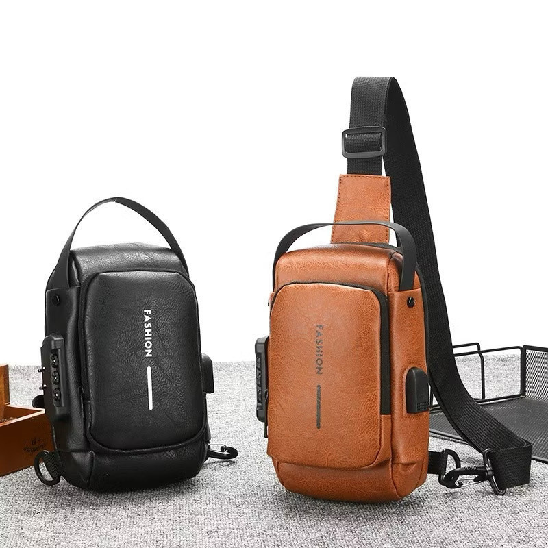 Bolsa de ombro impermeável de couro masculino USB Crossbody Bolsa com bloqueio de código FANG