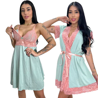 Kit Camisola Amamentação Pós Parto e Robe Roupão Liso Com Renda Vestido de Dormir Maternidade Gestante Para mães Que Amamentam Moda Materna Prática