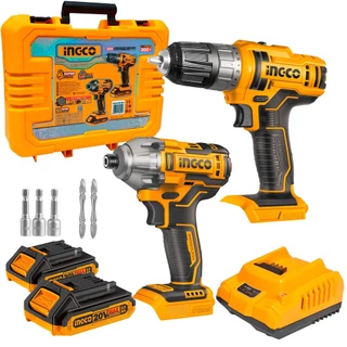 Kit Parafusadeira/Furadeira 3/8 e Parafusadeira de Impacto Sex 1/4" INGCO COSLI230708-9 com 2 Baterias 2.0Ah 20V Carregador Bivolt 2 Bits 3 Soquetes e Maleta