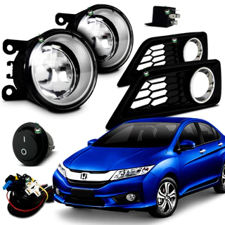Kit Farol Auxiliar Milha Honda City 2014 2015 Moldura Preta C/ Aro Cromado Botao Tic Tac
