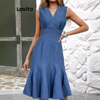 Lovito Elegante linha de estrutura lisa babados vestido plissado para mulheres LNL79197
