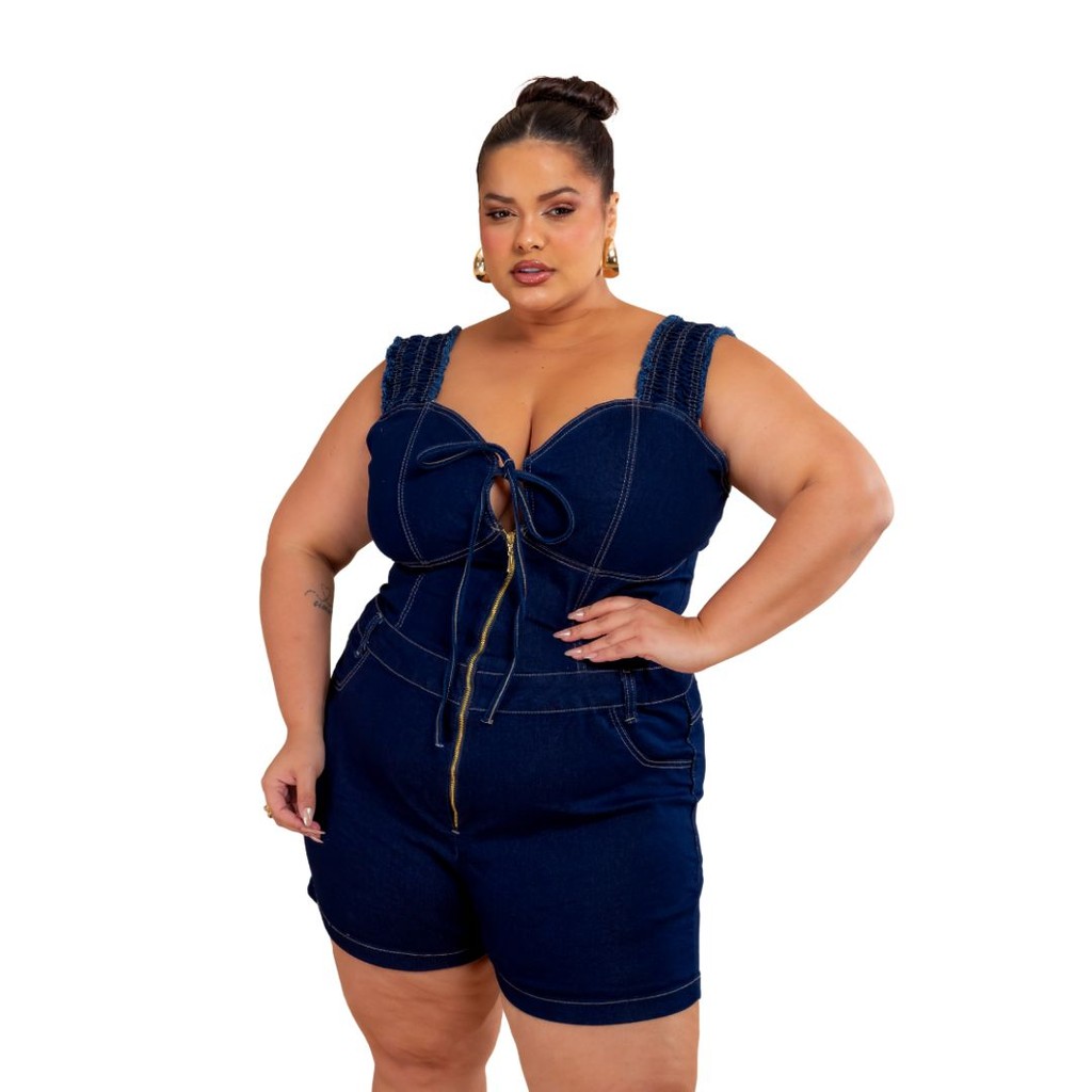 Macaquinho Jeans Plus Size Feminino (46 ao 54) Premium Elastano