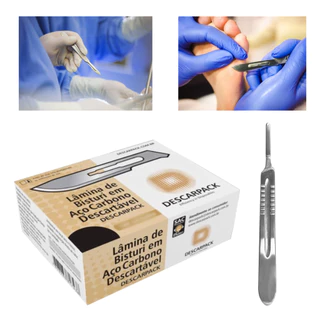 Kit 50 Lâminas Descartável E Cabo Para Bisturi Aço Esteríl Descarpack