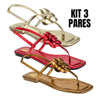 KIT 3 Pares Sandália de Flor Metalizada com Traseiro Ajustável Saltinho Baixo Rasteira 033-100