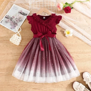 Vestido De Bebê Menina Crianças 2-8 anos Moda Verão Sem Mangas Babados Estrela Tule Vestidos De Princesa Infantil