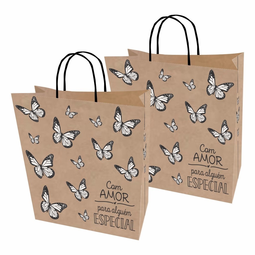 Sacolas Papel Kraft Borboletas Tam. P 18x10,5x26 30 Unid.