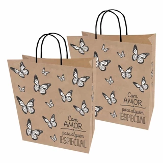 Sacolas Papel Kraft Borboletas Tam. P 18x10,5x26 30 Unid.