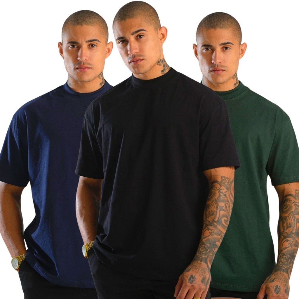 Kit 3 Camiseta Masculina Oversized Camisa Streetwear Gola Alta