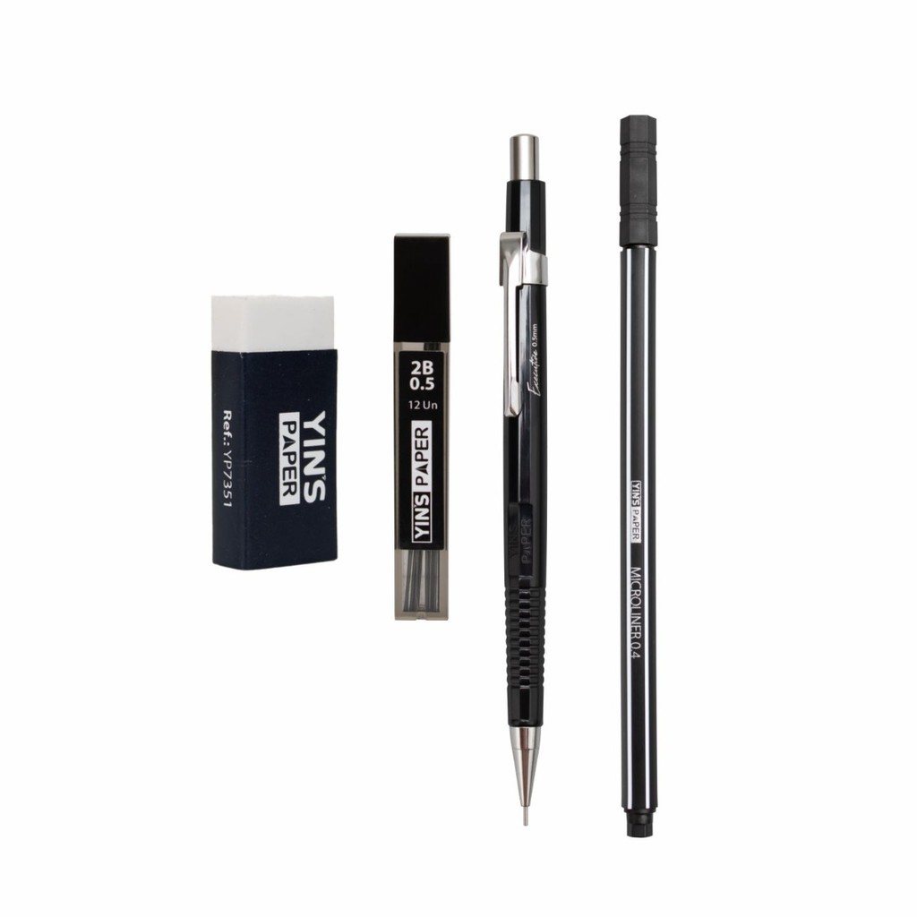 kit 4 pçs Papelaria Lapiseira Grafite Caneta e Borracha Yins Paper