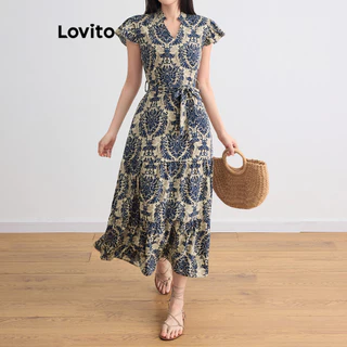 Lovito Vestido casual com estampa tribal e babados na bainha para mulheres L105MD093