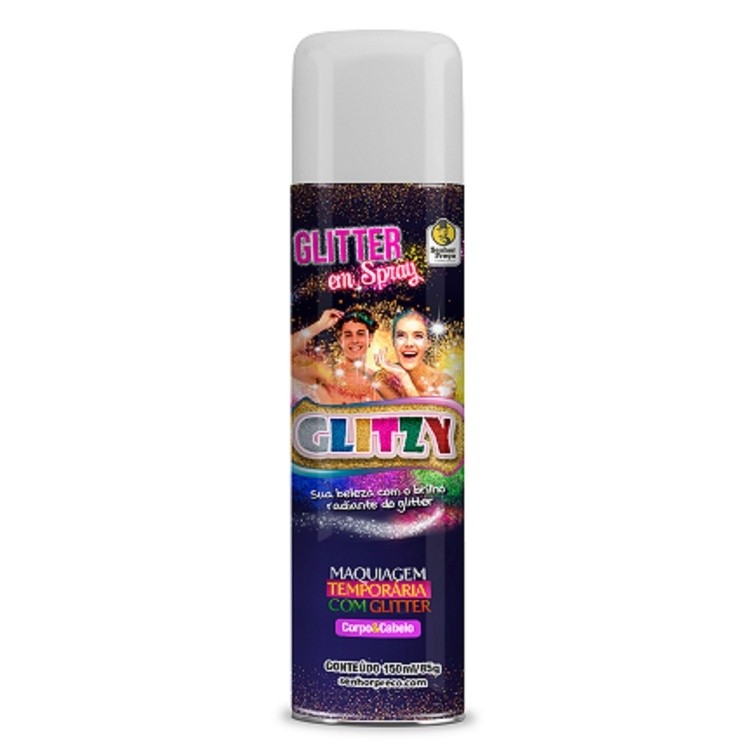 Glitter em Spray Prata para Corpo, Cabelo e Tecido Glitzy 150ml