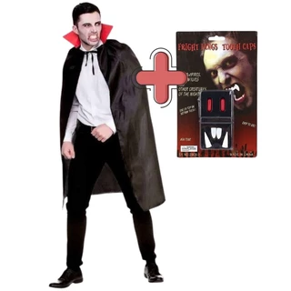 Kit Capa + Dente De Vampiro Com Sangue Falso Festa Halloween