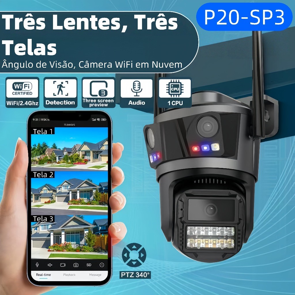 Câmera de vigilância sem fio Wi-Fi de três telas visão noturna colorida ...